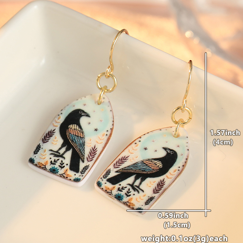 Vintage Crow Print Resin Earrings for Women